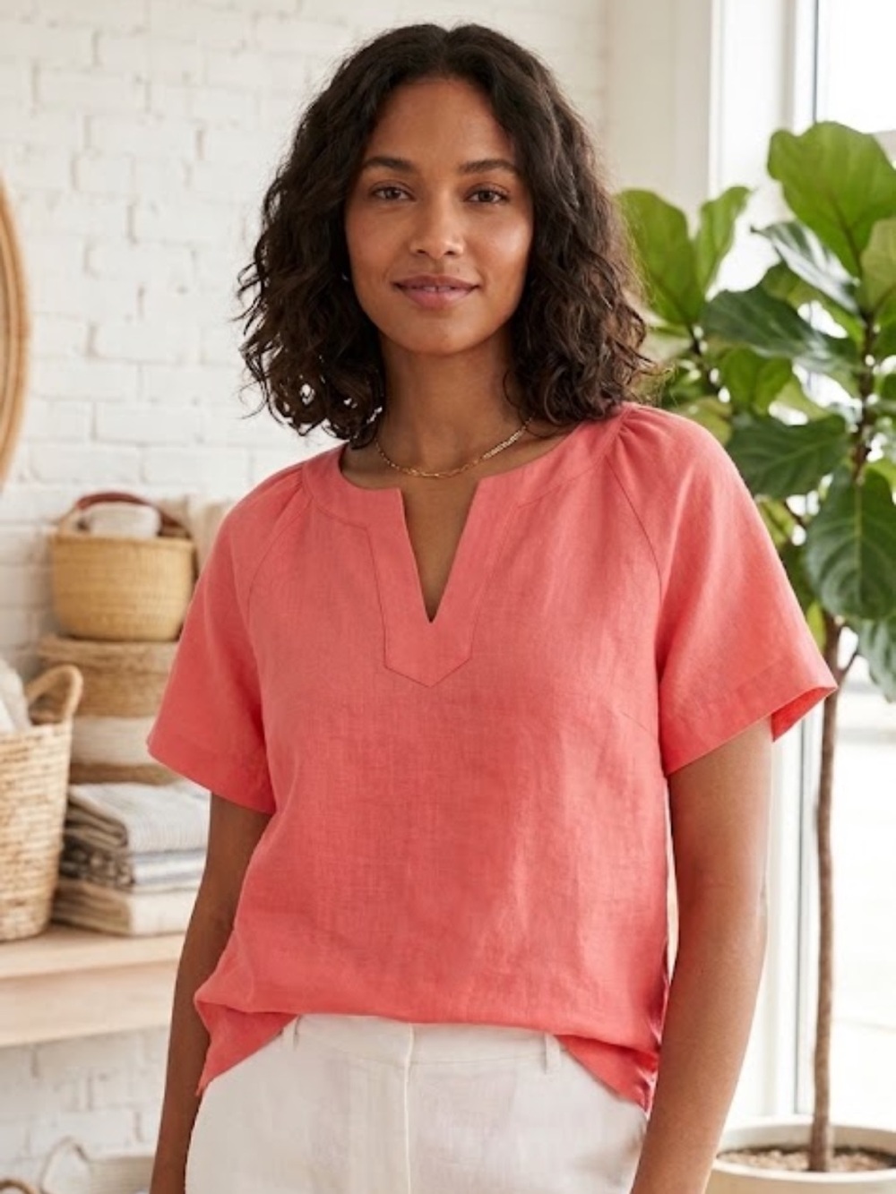 NWT J. Crew 100% Linen Split Neck Popover Top 2X Papaya Short Sleeve Blouse